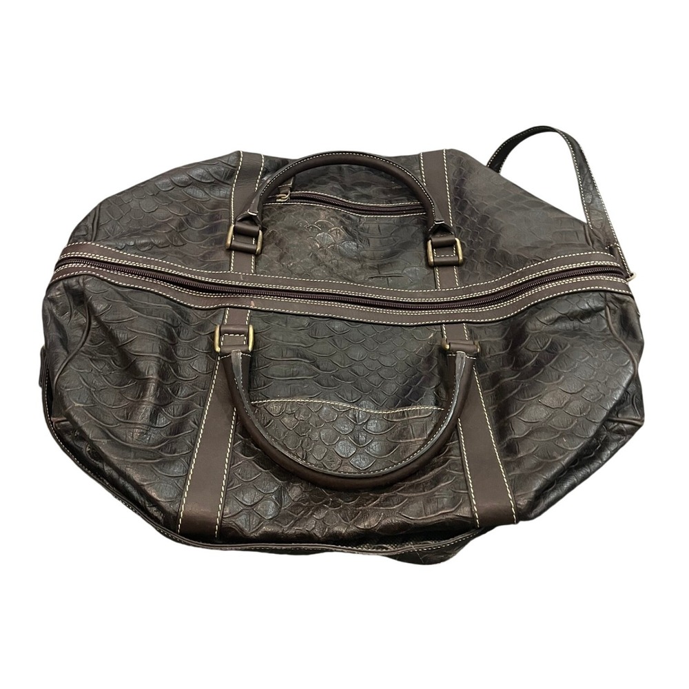 Marco Buggiani Duffel Bag Unisex Large Brown Crocodile Embossed Leather Italy